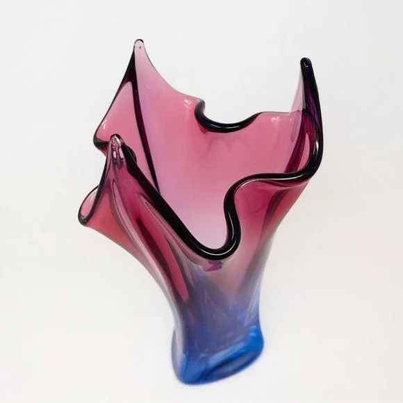 Vintage Hand Blown Sommerso Art Glass Vase Blue Pink Handkerchief Murano Style - Picture 2 of 3